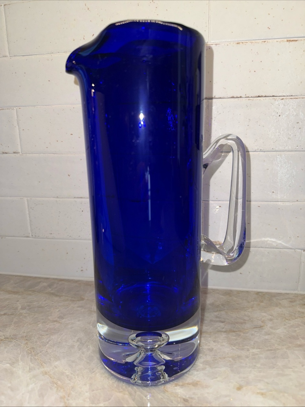 Vintage Stockholm blue air bubble hand blown glass pitcher